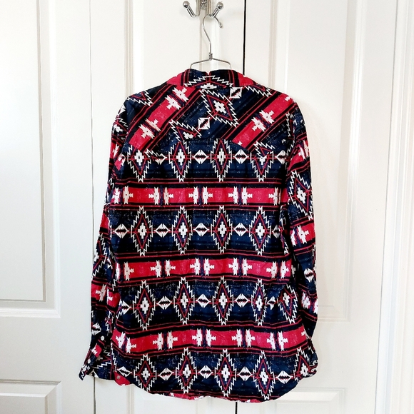 Navy Blue & Red Diamond Print Western Snap Shirt Large Rock N Roll Denim - Picture 2 of 5